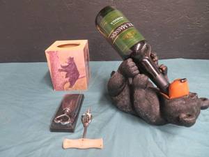 lot 39 image: BEAR DECOR- WINE HOLDER- WINE BOTTLE- CORKSCREW AND PLUG- BEAR KLEENEX HOLDER