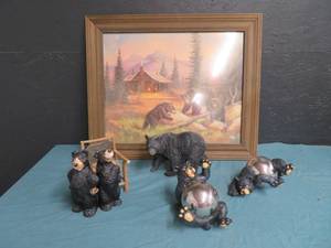 lot 57 image: BEAR PICTURE IN FRAME-5 BEAR FIGURINES- TINY BEAR CHAIR