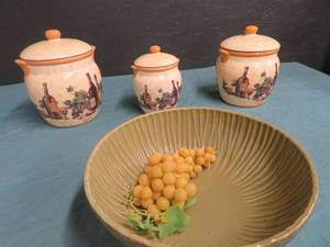 lot 61 image: 3 CERAMIC JARS AND A GREEN TEXTURED BOWL