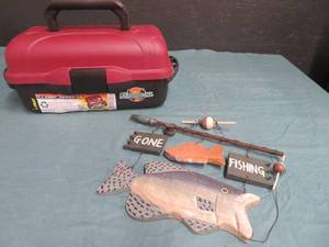 lot 63 image: TACKLE BOX FULL OF FISHING GEAR- GONE FISHING WALL DECOR