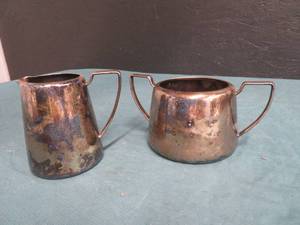 lot 65 image: ANTIQUE ELKINGTON SUGAR AND CREAM HARD SOLDERED