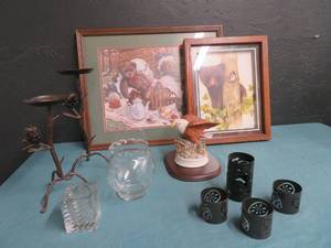 lot 77 image: DECOR LOT- EAGLE FIGURINE- TWO PINECONE CANDLE HOLDERS- TWO FRAMED PICTURES- 6 CANDLE HOLDERS