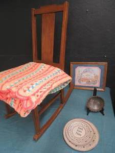 lot 83 image: CUTE WOODEN ROCKING CHAIR WITH APHGAN - PICTURE - WOODEN PLATES AND HAND PAINTED BOWL