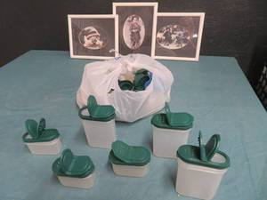 lot 84 image: BIG BAG FULL OF VINTAGE TUPPERWARE SEASONING CONTAINERS AND 3 PICTURES IN FRAMES