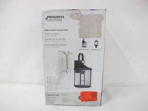 lot 598 image: Progress Lighting Park Court 1-Light 19 in. Textured Black Outdoor Wall Lantern with Clear Seeded Glass
