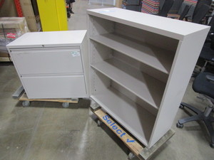 lot 145 image: TWO DRAWER LATERAL FILE AND TWO SHELF BOOKCASE