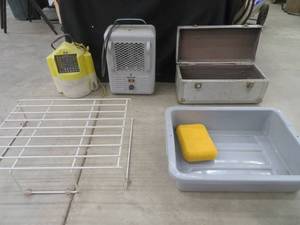 lot 57 image: MISC LOT. - WHITE RACK - MINNOW BUCKET - PLASTIC CONTAINER WITH SPONGE- METAL LOCK BOX