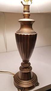 lot 21 image: Heavy Brass Urn Table Lamps with Melon Shades, pair
