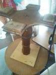 Wood Bookshelf, vintage chandeliers (2) and end table