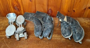 lot 403 image: Lot of (2) Vintage Ice Skates and (1) Vintage Roller Skate Base
