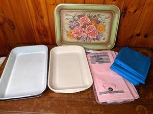 lot 418 image: Lot of (2) Vintage Pans, (1) Vintage Serving Tray, and Plastic Tablecloths
