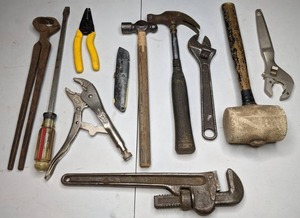 lot 50 image: Mixed Lot of Tools Hammers, Wrenches, Screw Driver, Crimping Tool, Utility Knife