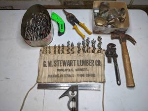 lot 68 image: Wood Auger Drill Bit Set w Roll Up Bag, Vintage Carpentry Tool Ruler w Level, Drill Bits, Screw Band Hose Clamps, & More