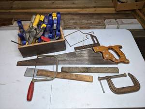 lot 70 image: Mixed Lot of Tools Vintage Disston Handsaw, Irwin Spring Clamps, C clamp, Wood Rasp File, & More