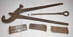 lot 71 image: Antique Blacksmithing Tools X- Large Adjustable Heavy Wrench, (3) Wedges, Twisted Iron Handle Screwdriver