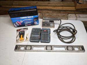 lot 73 image: Plumbers Torch Kit, Craftsman Sander, Stud Finder, and Other Tools
