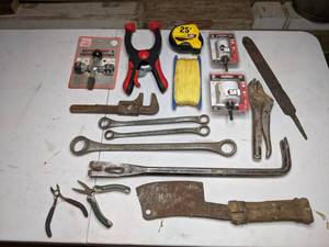 lot 81 image: Antique Hatchet, Porter Cable Hole Saw Bit, Rope, and Other Tools