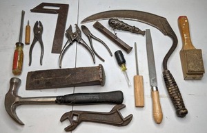 lot 54 image: Mixed Lot of Tools Vintage Sickle Knife, Hammer, Wrenches, Screwdrivers, Chisel, Angle Square Ruler,  & More