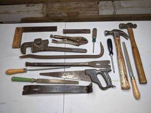 lot 58 image: Mixed Lot of Tools Carpenter Ruler, Hammers, Wrenches, Crow Bar, Pry Bar,  Saw, Metal File, Screwdrivers