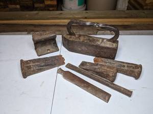 lot 60 image: Antique Tools Wedges, Chisel, Sadiron, Railroad Track Section