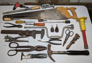 lot 65 image: Mixed Lot of Tools Saw, Hammer, Railroad wrenches, Leather hole punch tool, Tin Snips, Chisel, & More