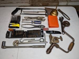 lot 66 image: Mixed Lot of Tools C Clamp, Saws, Screwdrivers, Vintage Hand Crank drill, Wrenches, Sockets, & More