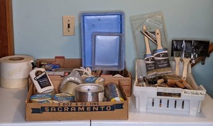 lot 474 image: Painters Lot Brushes, Tapes, Titebond Wood Glue, Quick Sand Sanding Blocks