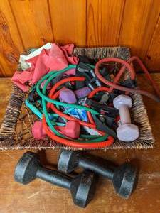 lot 434 image: Woven Basket and Assortment of Workout Gear Bands, Weights, Etc.