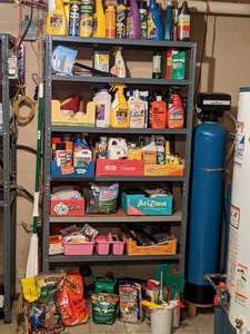 lot 443 image: SO MANY Cleaning Supplies, Car Care, Gardening Supplies, Tall Metal Shelf