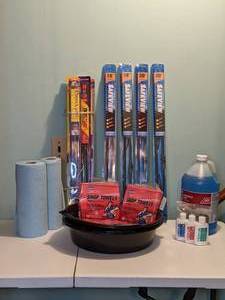 lot 448 image: Assortment of Car Items & Shop Towels Safeview Windshield Wipers, Washer Fluid, Oil Pans, Etc