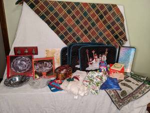 lot 345 image: Christmas Decor Assortment Table Runner, Crystal Dishes, Hand Towels, and More