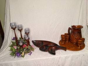 lot 344 image: Beautiful Hand-Carved Pitcher and Cups, Candle Centerpiece, Serving Dish