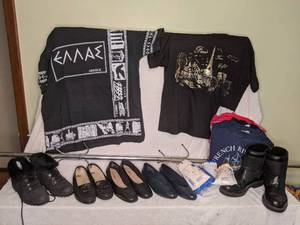 lot 346 image: Lot of (5) Pairs of Womens Footwear, (4) Rain Ponchos, T-shirts, Etc.