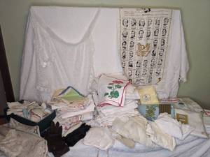 lot 311 image: Large Assortment of Lace Runners, Hankies, Baptism Outfit, Bed Sheets, Etc.