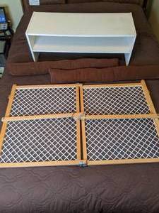 lot 315 image: Small Shelf, Baby Pet Gate, (2) Door Draft Stoppers