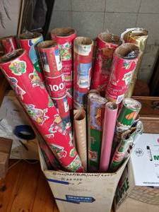 lot 525 image: Christmas in August  Wrapping paper, bows and tags (3 boxes)