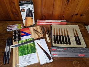 lot 503 image: All of the Kitchen Knives, Cutlery Block Set, and Bamboo Cutting board