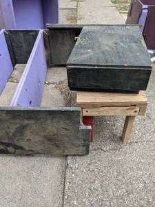 lot 197 image: Lot of Wood Shelving Pieces, Stool or Chair Base