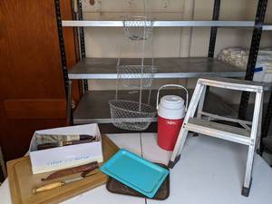 lot 491 image: Step Ladder, Cutting Board, Finnish Filet Knife, Igloo Thermos, Hanging Fruit Basket, and More