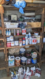 lot 496 image: Great lot of shop supplies Behr, Rust-Oleum, Krylon, Thompsons