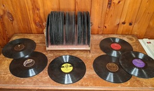 lot 547 image: Large Collection of Vintage Records w Mid century Record Holder