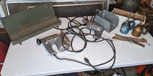 lot 98 image: Vintage Craftsman 100 Sabre Jig Saw, Black & Decker 38 Two Speed Drill, Antique Square Tin Scoop, (2) Vintage Oil Cans, Original Bowie Knife w Leather Sheath