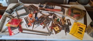 lot 101 image: Mixed Lot of Tools C Clamp, Caulk Gun, Hammer, Screwdrivers, Hearing protector, L Shape Ruler, & More