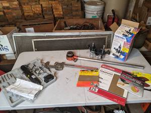 lot 103 image: Mixed Lot of Tools Cordless Screwdriver, Pipe Wrench, Dremel Plunge Router Attachment, Armstrong Bros Ratcheting Pipe, & Various Sandpaper Packets