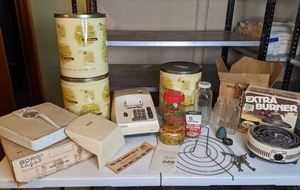 lot 475 image: Mixed Lot of Vintage Kitchen Items Vintage Sears Electric Adding Machine, Vintage Borg Scale, Vintage Munsey Extra Burner, Vintage Glass Baby Bottles, & More