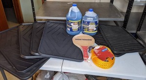 lot 477 image: Mixed Lot of (5) Boot Trays, Ace Medium Load Rope, (2) Top to Bottom Driveway Cleaner & Degreaser, (2) Car mats, Mortenson Ping Pong set