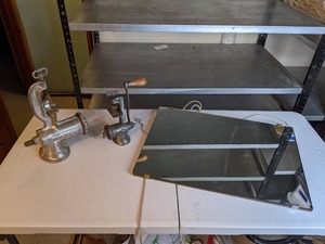 lot 478 image: Vintage Hanging Mirror and 2 Meat Food Grinders