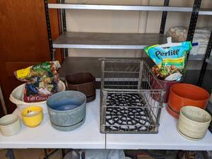 lot 490 image: Wire Basket with Various Pots and Planting Soil
