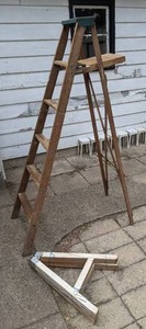 lot 96 image: Wooden Ladder, (2) Pairs of Classic Sawhorses