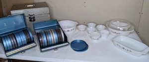 lot 389 image: Vintage Film Reel Storage & Milk Glass Dishware